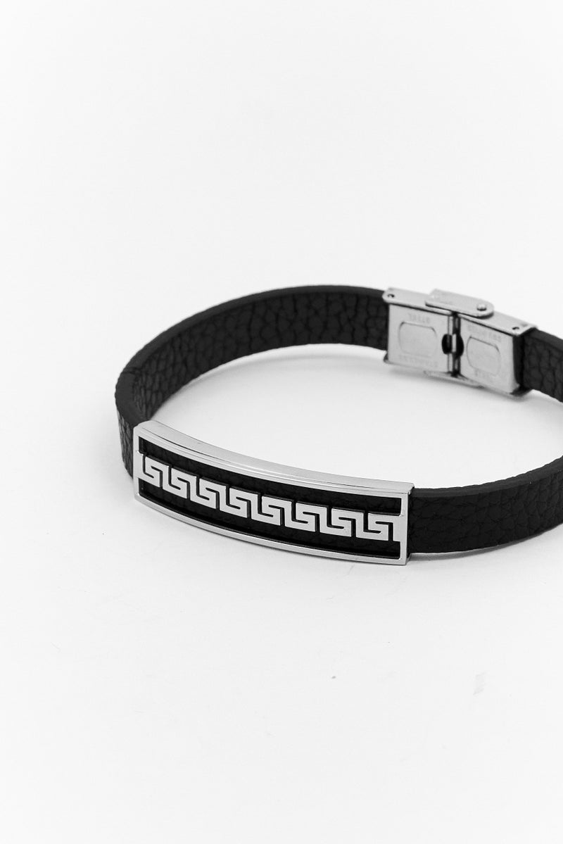 Steeltime Men Leather Id Bracelet With Greek Key Accents, Black - Image 3